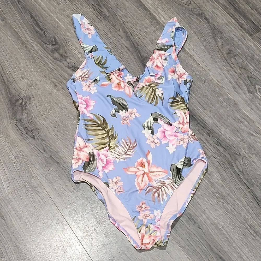 EUC Kona Sol Blue Floral Ruffle One Piece Swimsuit
